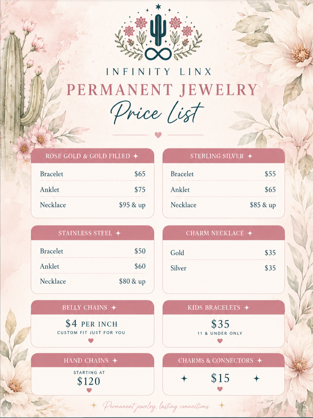 Infinity Linx Permanent Jewelry Price List — Rose Gold, Gold Filled, Sterling Silver, Stainless Steel, Charm Necklaces, Belly Chains, Kids Bracelets, Hand Chains, and Charms