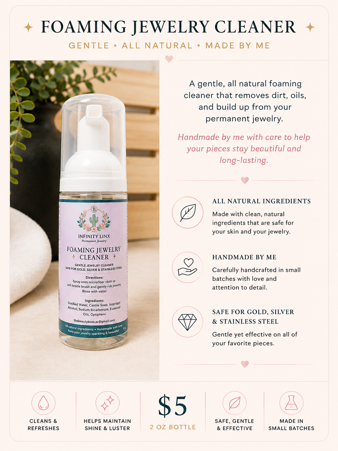Infinity Linx foaming jewelry cleaner bottle by The Beauty Boss
