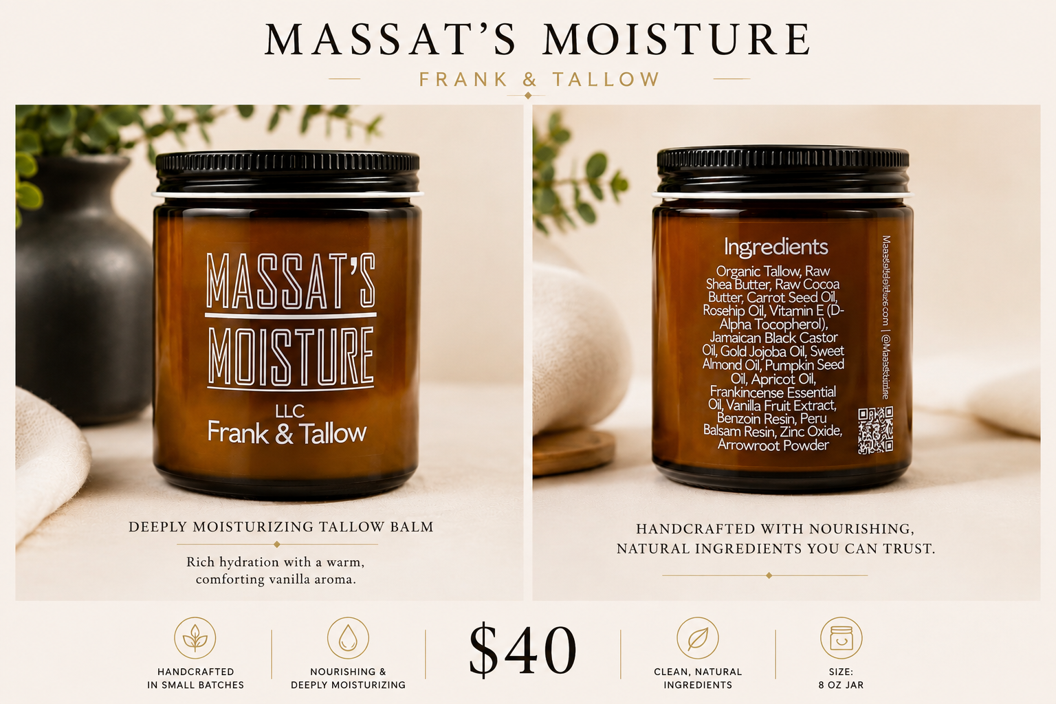 Massat's Moisture Frank & Tallow tallow balm front and back label