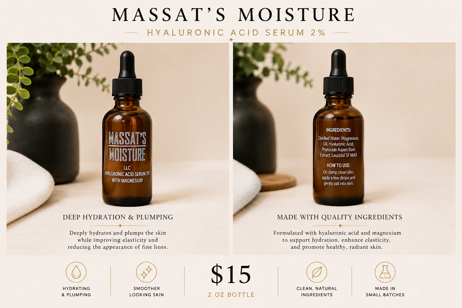 Massat's Moisture Hyaluronic Acid Serum 2% front and back label