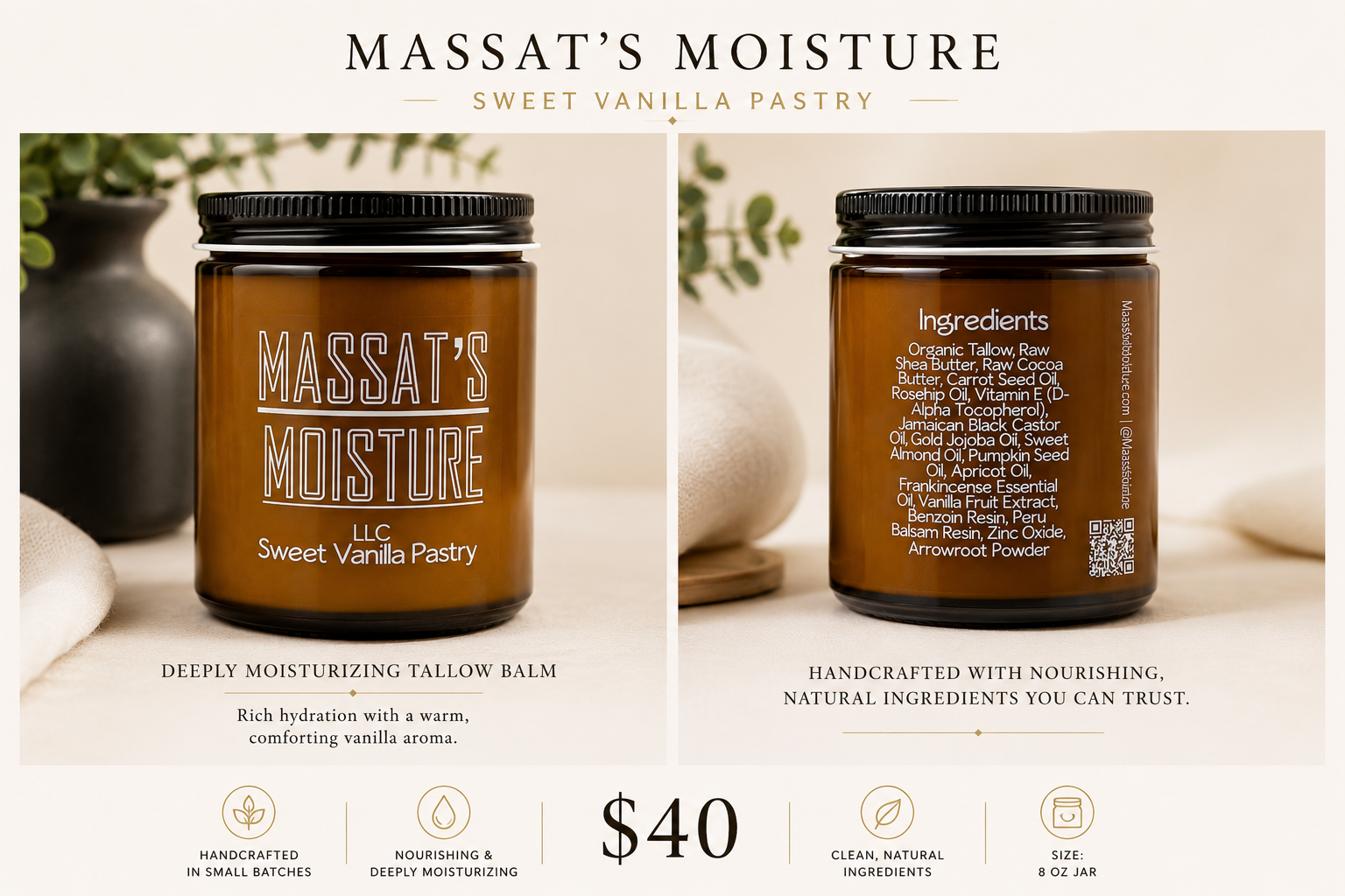 Massat's Moisture Sweet Vanilla Pastry tallow balm front and back label