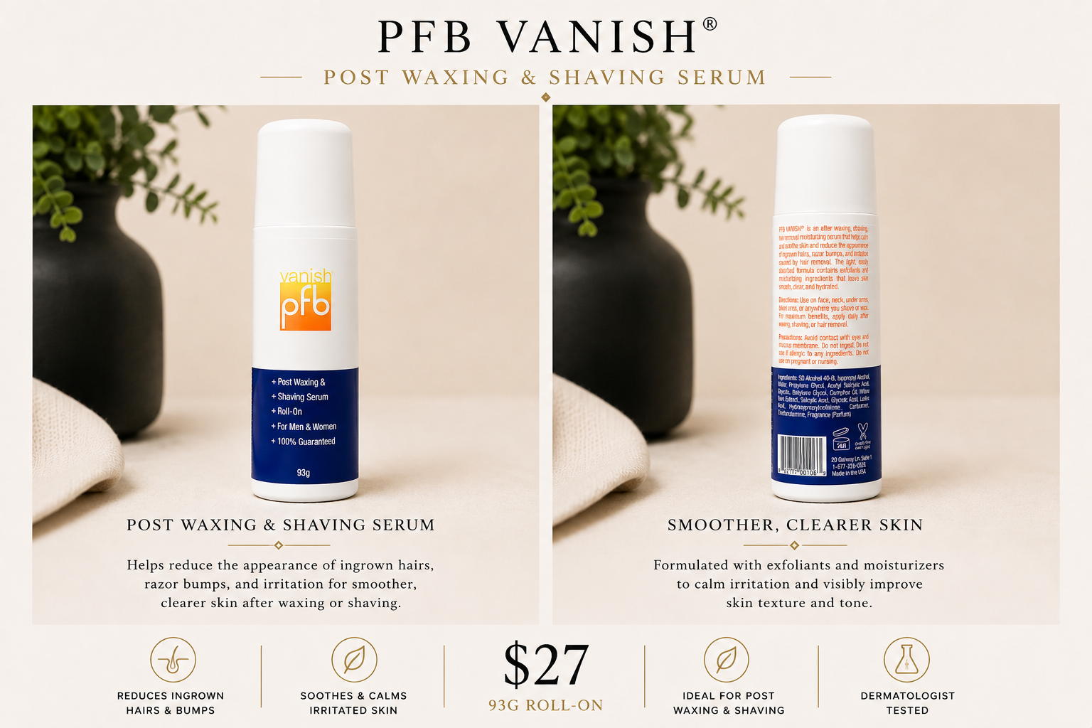 PFB Vanish post waxing and shaving serum front and back